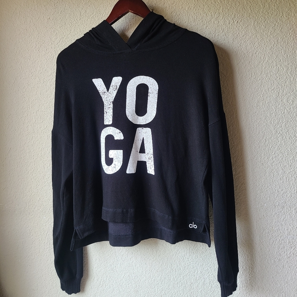 ALO Yoga Black Crooped Hoodie Pull Over Sweater Women's Size M